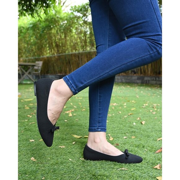 Black Suede Flats Bow Knit Round Toe Comfortable Ballet Flats for Office Work - Picture 5 of 10
